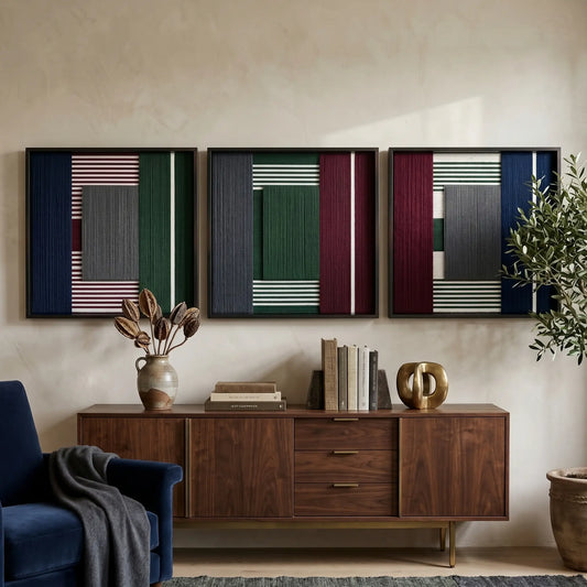 The Overture of Dusk & Dawn triptych art styled gracefully above a mid-century wooden credenza next to a dark blue armchair in a cozy, sunlit living room.