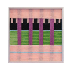 Frontal studio shot of the Pastel Nocturne hand-woven textile wall art featuring pink, green, and black geometric patterns in a white frame against a clean white background.