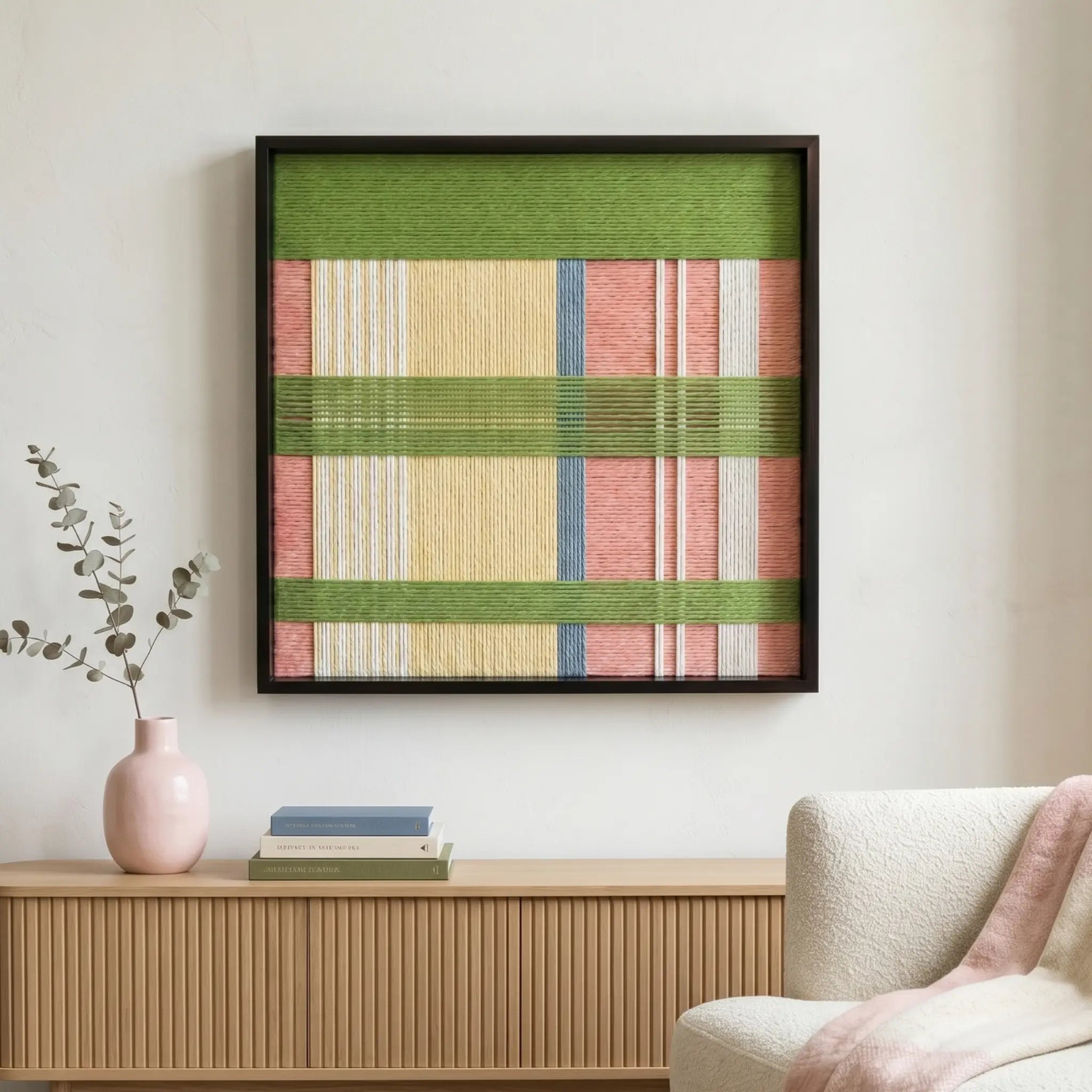 Pastoral Lullaby hand-woven tapestry styled in a sunlit living room above a light oak sideboard with a pink ceramic vase.