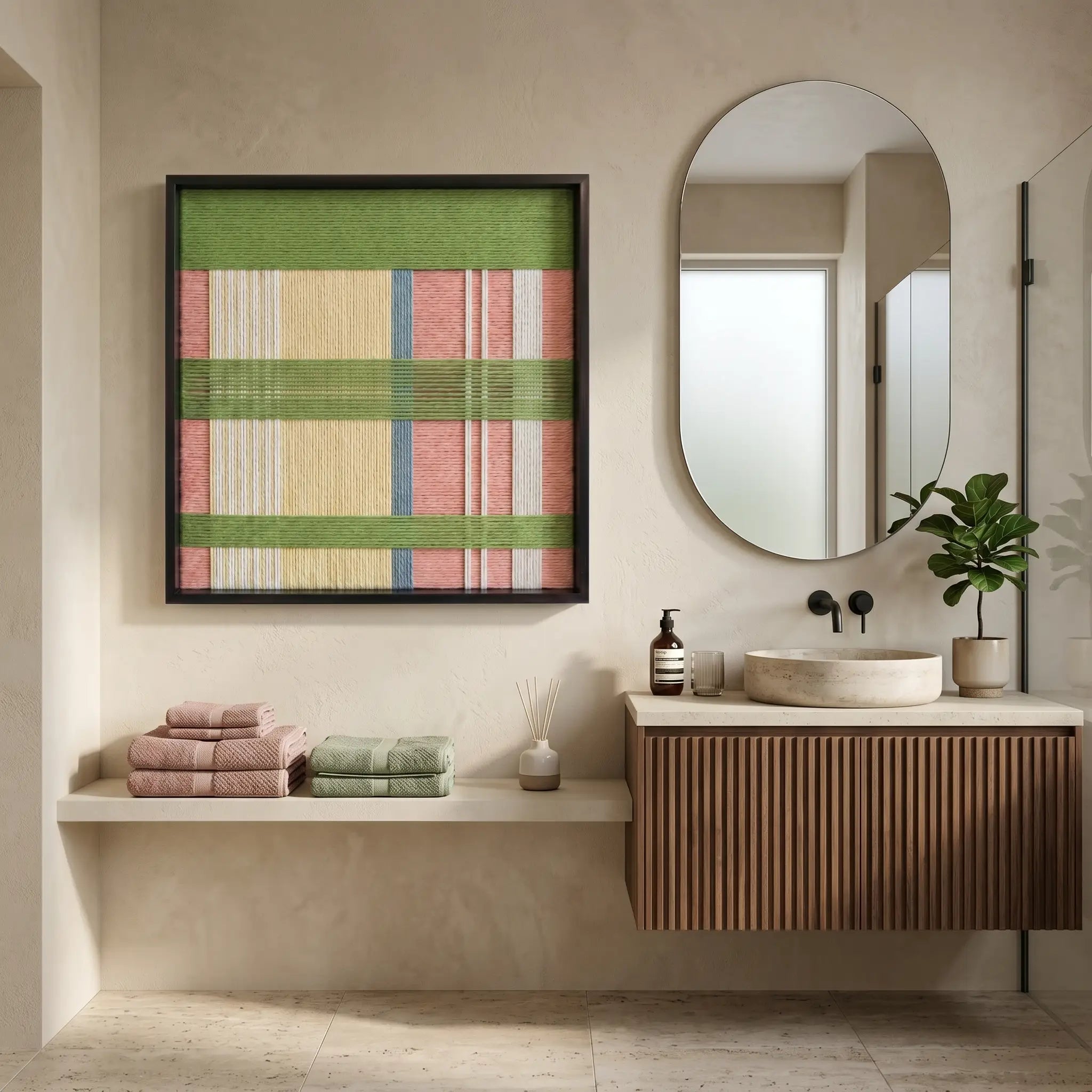 Large square Pastoral Lullaby fiber wall art with pastel green, pink, and yellow woven patterns hanging in a modern bathroom next to an arched mirror.