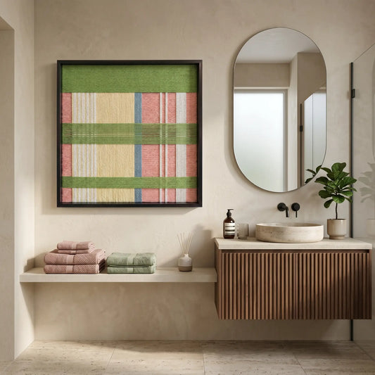 Large square Pastoral Lullaby fiber wall art with pastel green, pink, and yellow woven patterns hanging in a modern bathroom next to an arched mirror.