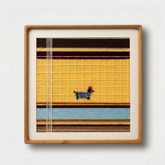 Frontal view of the textured fiber wall art featuring a blue dog motif in a warm wooden frame, centered on a light wall.