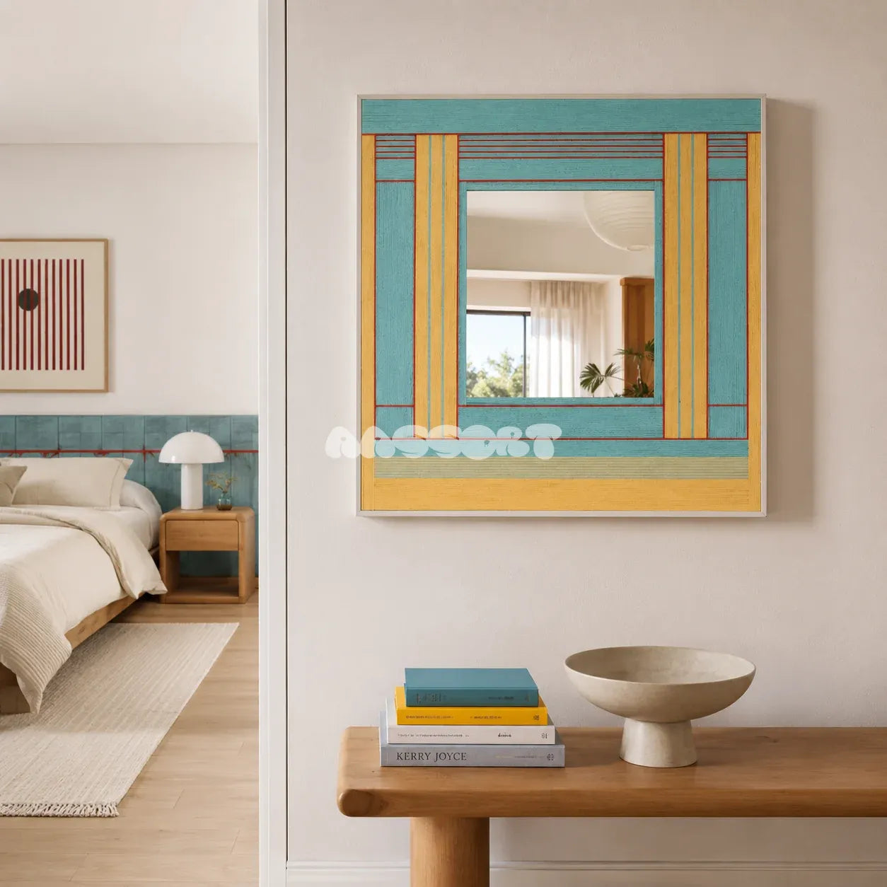 Pear Blossom Tree aqua and golden yellow yarn-framed mirror displayed above a wooden console beside a bright modern bedroom.