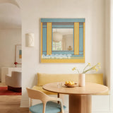 Pear Blossom Tree aqua and golden yellow yarn-framed mirror displayed above a round table in a sunlit breakfast nook.