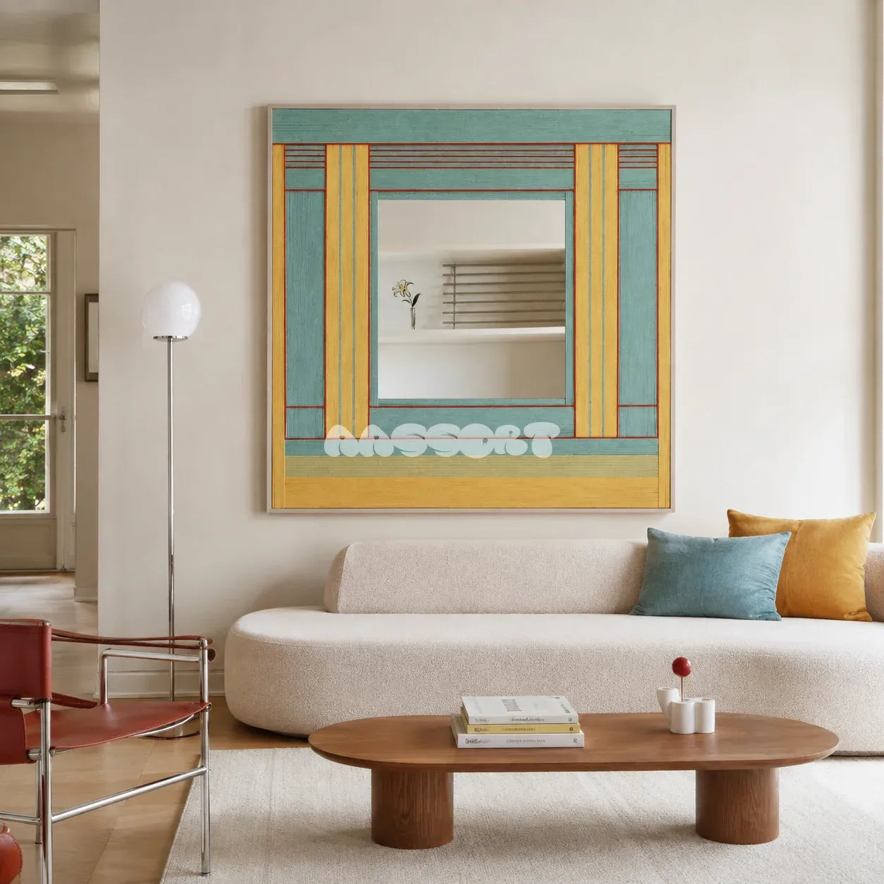 Pear Blossom Tree aqua, golden yellow, and rust yarn-framed mirror displayed above a cream sofa in a bright modern living room.
