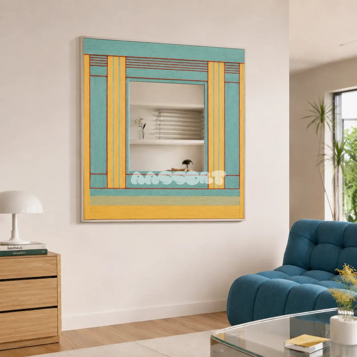 Pear Blossom Tree colorful yarn-framed mirror displayed beside a blue lounge chair in a modern reading area.