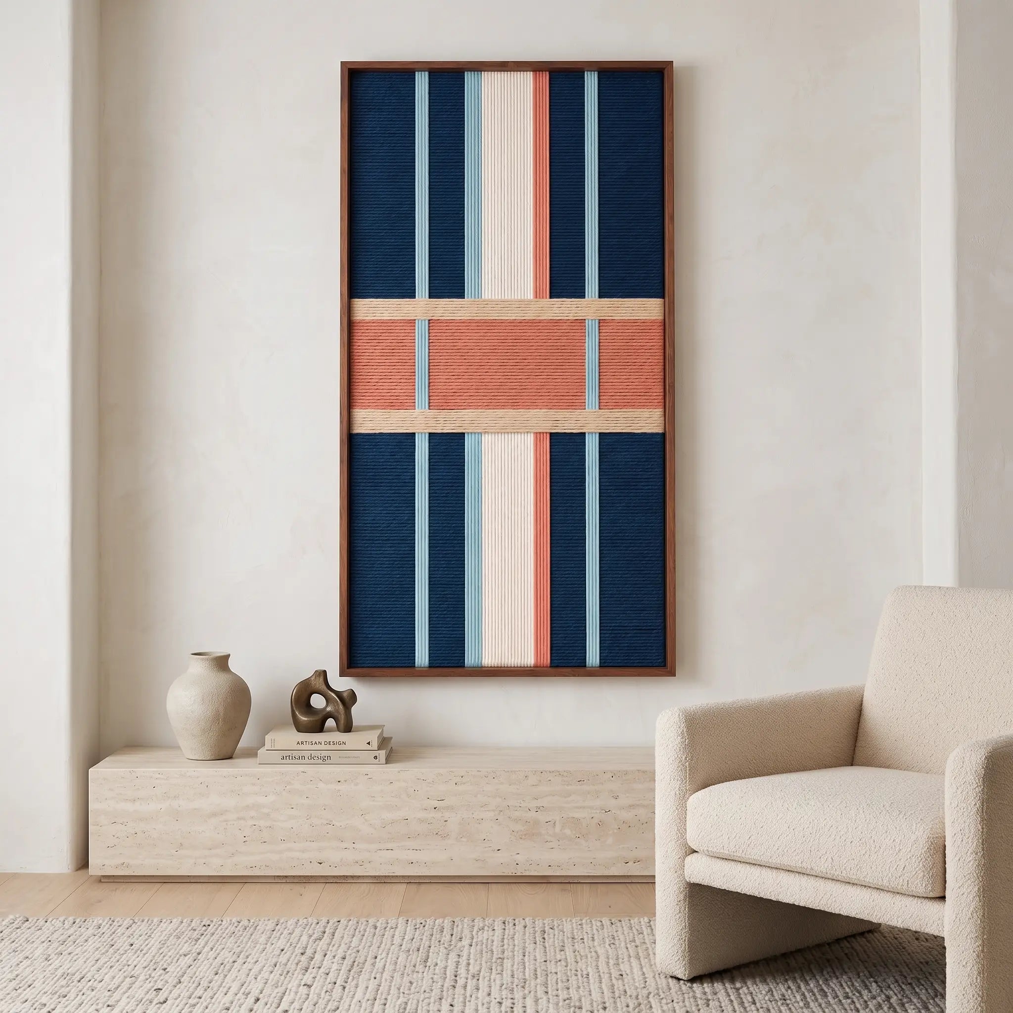 Modern living room interior showcasing a vertical hand-woven wool tapestry featuring dark blue and cream yarns with a salmon band, hanging above a stone console table.
