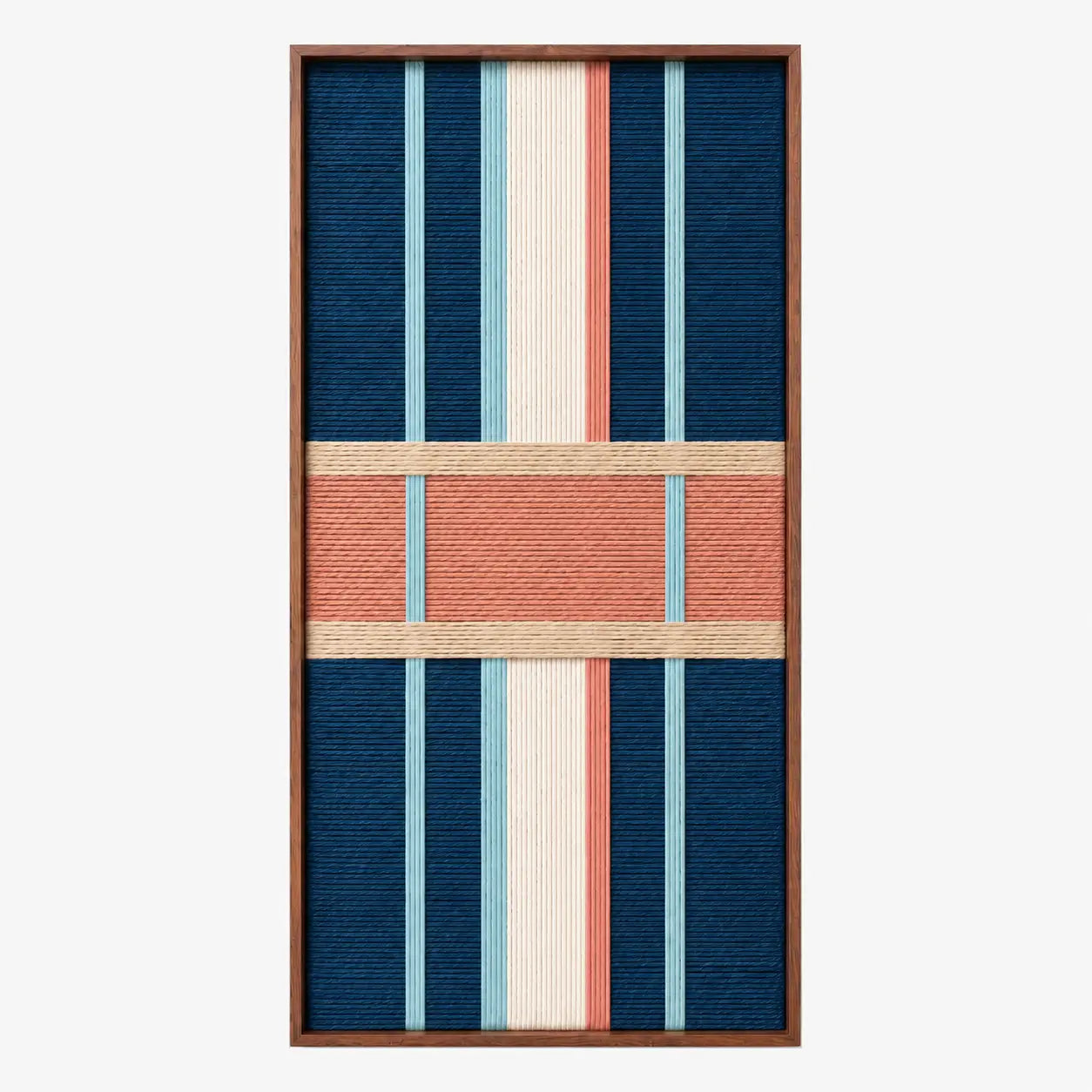 Full product shot of the vertical hand-woven wool wall art in a wooden frame, highlighting its geometric block pattern of navy blue, cream, and salmon.