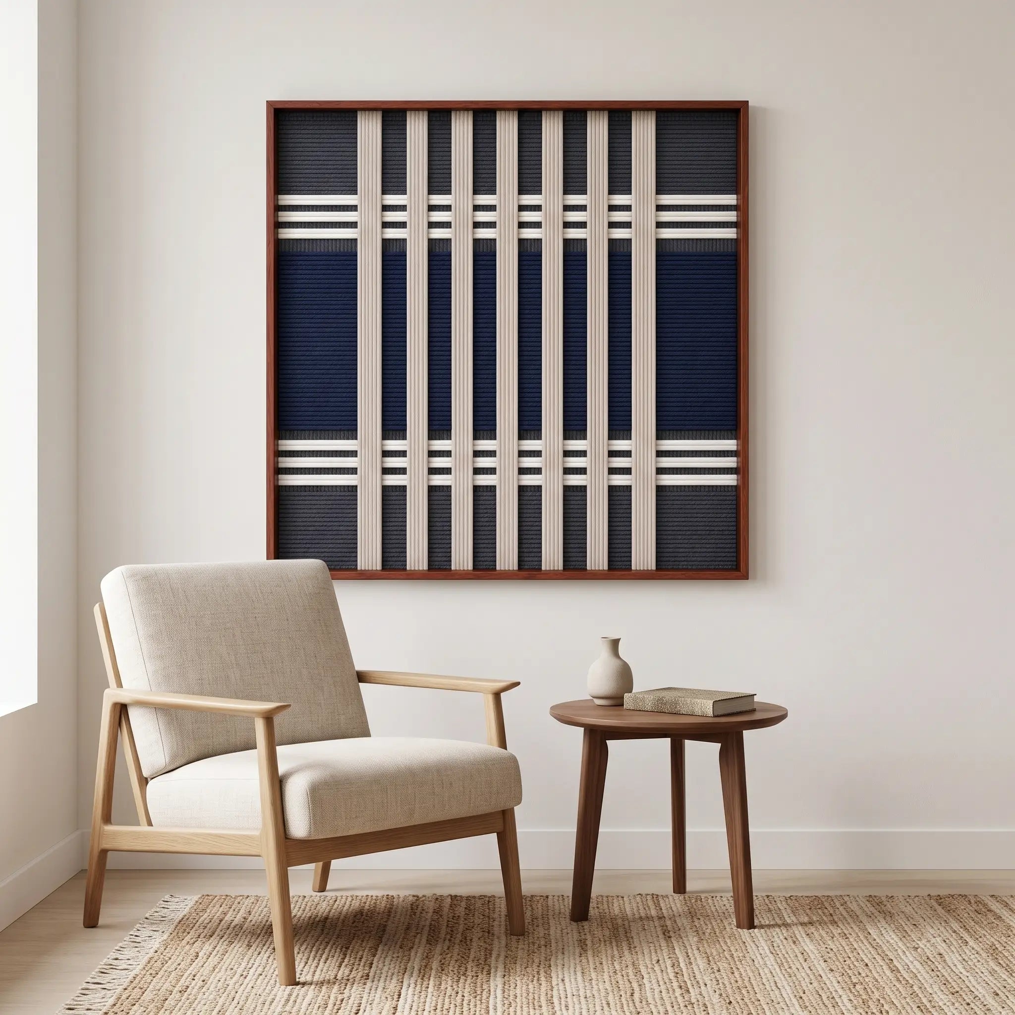 A cozy reading nook featuring the Polar Meridian hand-woven wool tapestry displayed on a white wall above a wooden armchair.
