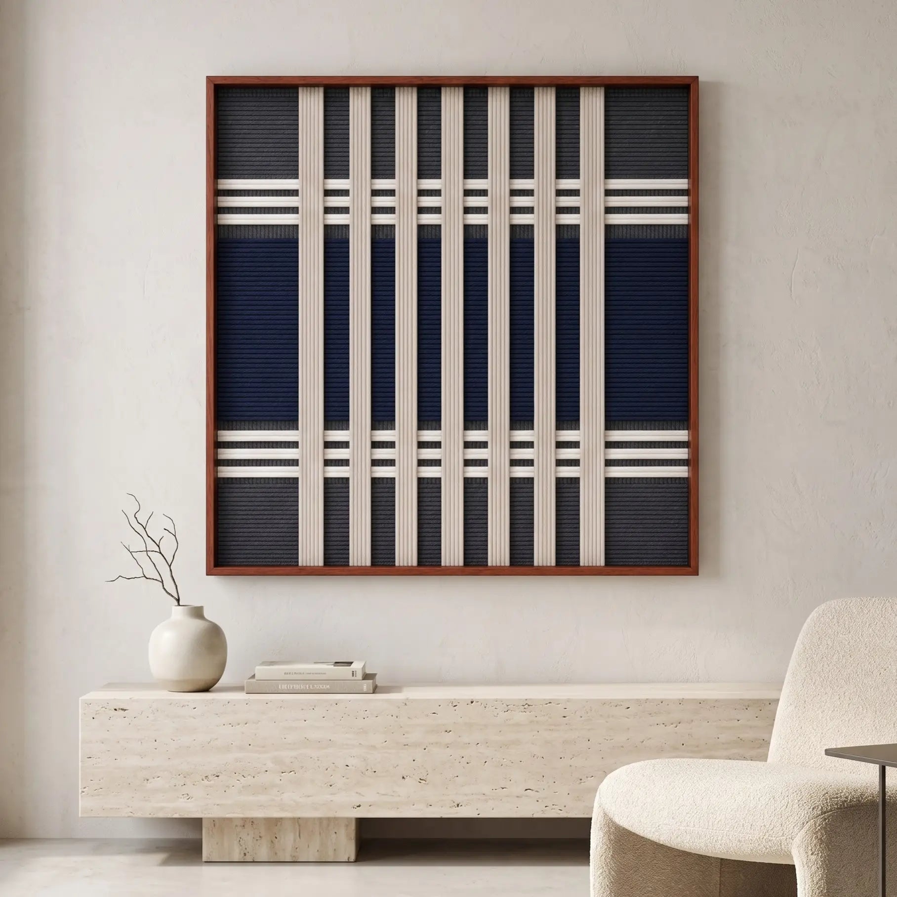 Sophisticated Polar Meridian hand-woven tapestry hanging above a modern stone console table in a bright, minimalist interior space.