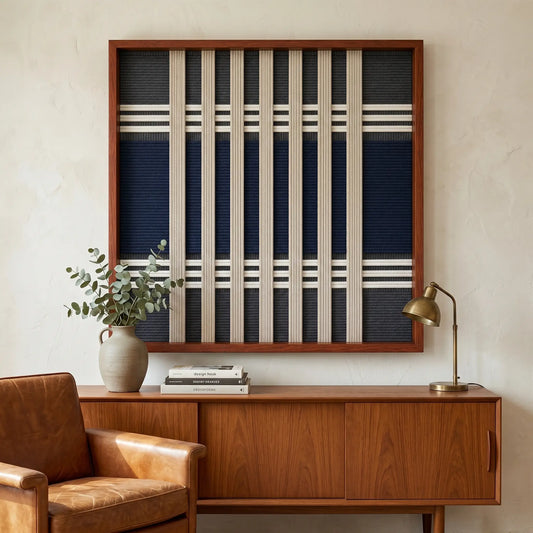 Beautiful framed hand-woven textile wall art styled elegantly above a wooden console table in a sunlit living room with natural wood accents.