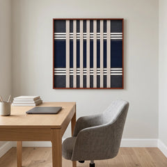 The Polar Meridian framed wall art provides a calm focal point above a wooden desk in a stylish, minimalist home office.