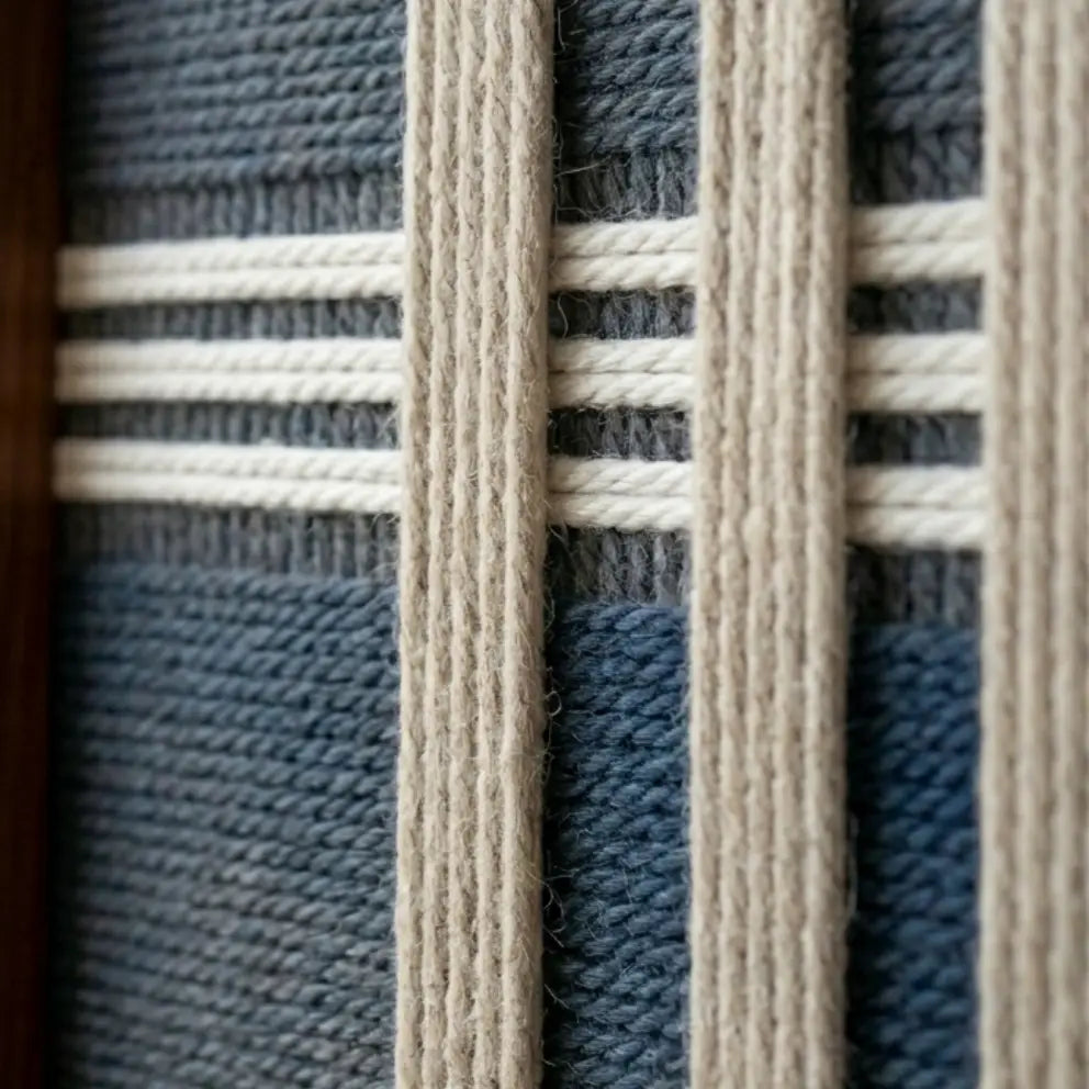 Detailed macro close-up of the Polar Meridian hand-woven textile art highlighting the textured navy blue base and raised white vertical yarn strips.