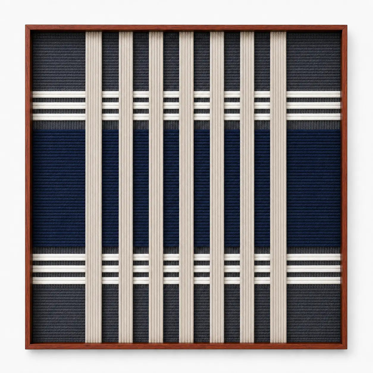 Frontal studio shot of the Polar Meridian square framed wall art featuring a sophisticated navy blue and white geometric tapestry design.