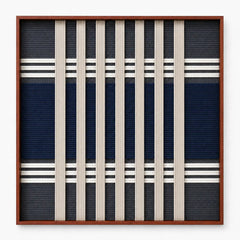 Frontal studio shot of the Polar Meridian square framed wall art featuring a sophisticated navy blue and white geometric tapestry design.