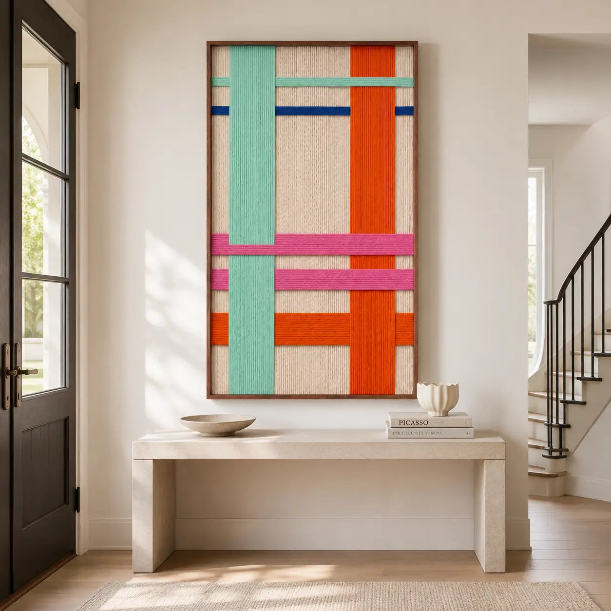 Bright hallway setting showcasing the geometric framed wool wall art hanging against a clean neutral wall with natural light and a console table.