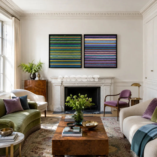Reconstructing the Future architectural textile wall art displayed in a refined modern interior.