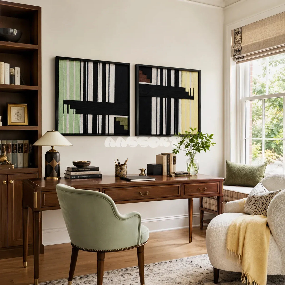 Timeless Moments geometric fiber artwork styled as a bold focal point in a contemporary home.