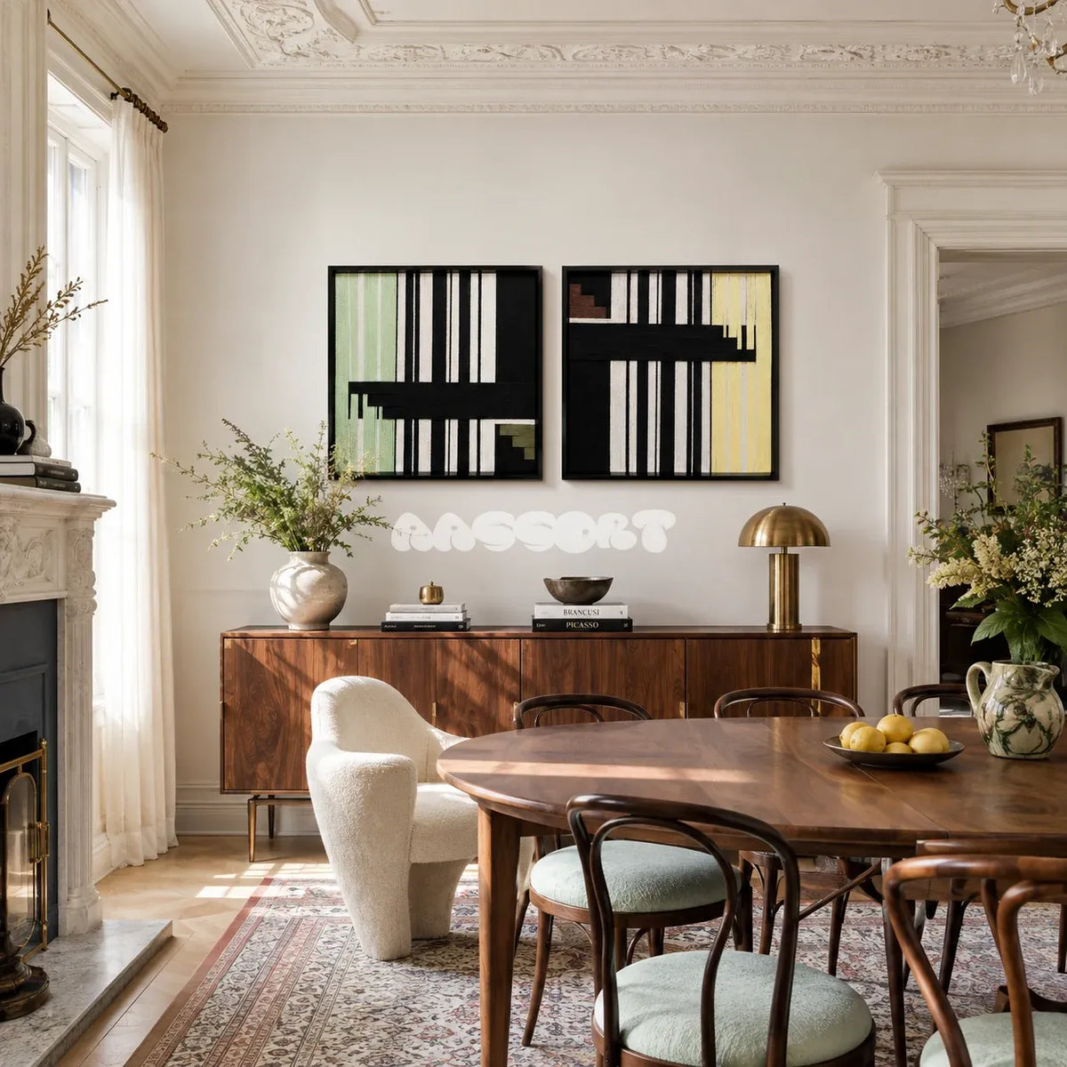 Framed Timeless Moments soft cotton cord wall art with mint stripes and black grid lines in a refined room.