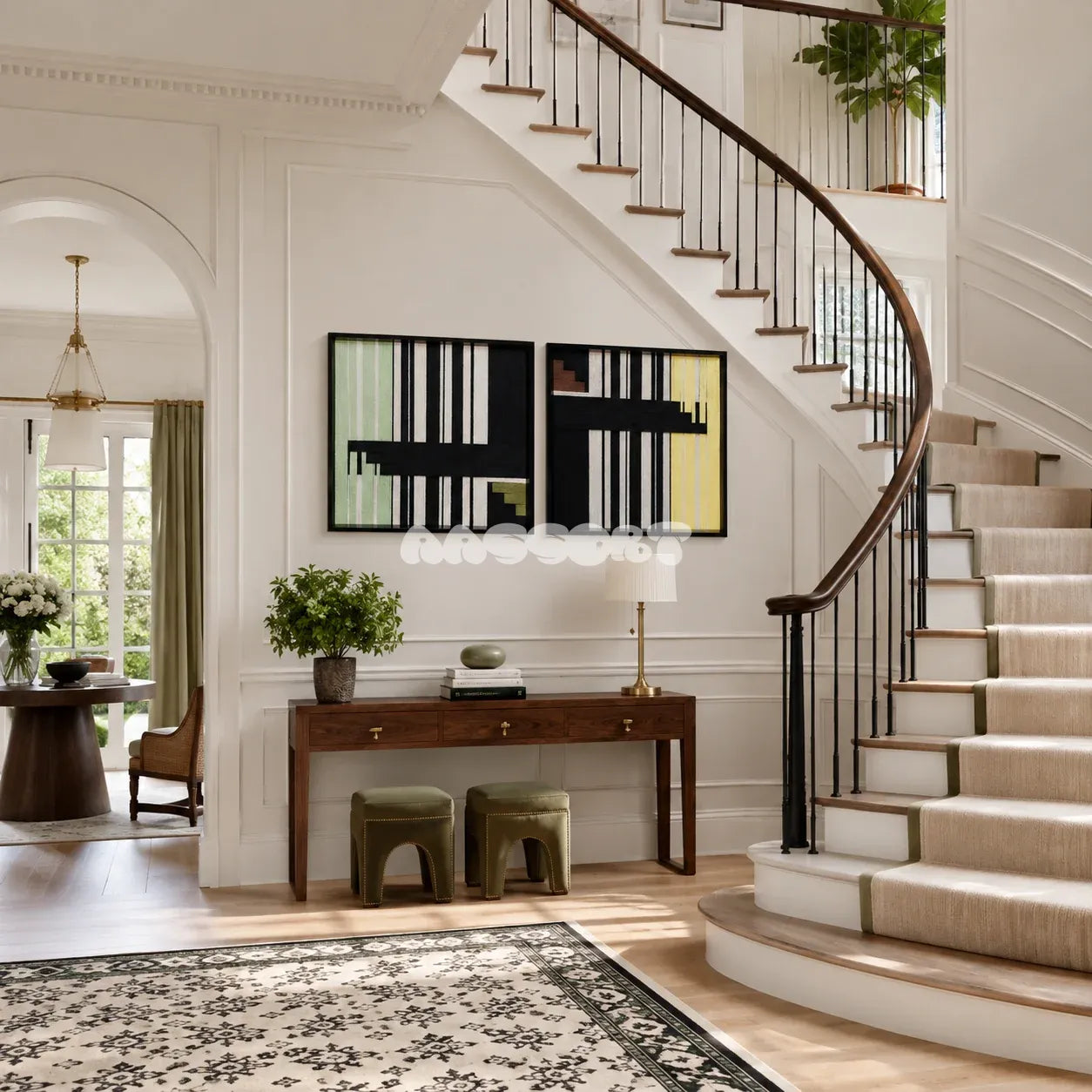 Timeless Moments geometric textile art pair displayed in a sophisticated modern living space.