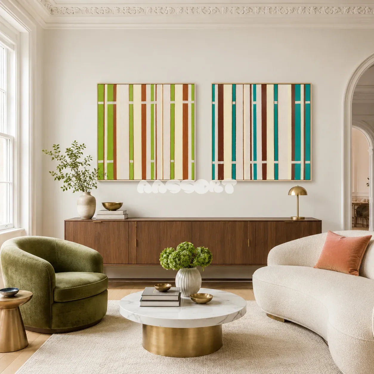 March Tree green, rust, and cream textile wall art displayed in a fresh modern interior.
