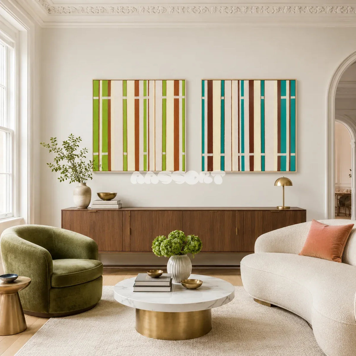March Tree green, rust, and cream textile wall art displayed in a fresh modern interior.