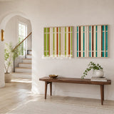 Framed March Tree geometric wall hanging with spring green, rust brown, and cream vertical stripes in a refined room.