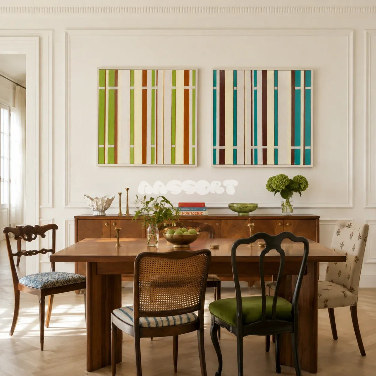 March Tree tactile yarn wall decor bringing early spring color and linear rhythm to a modern interior.