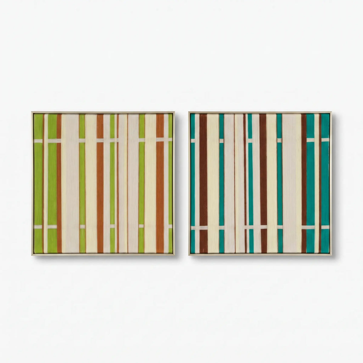 Front product view of March Tree textured fiber wall art made with soft cotton cord with green, rust, and cream vertical bands.