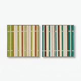 Front product view of March Tree textured fiber wall art made with soft cotton cord with green, rust, and cream vertical bands.