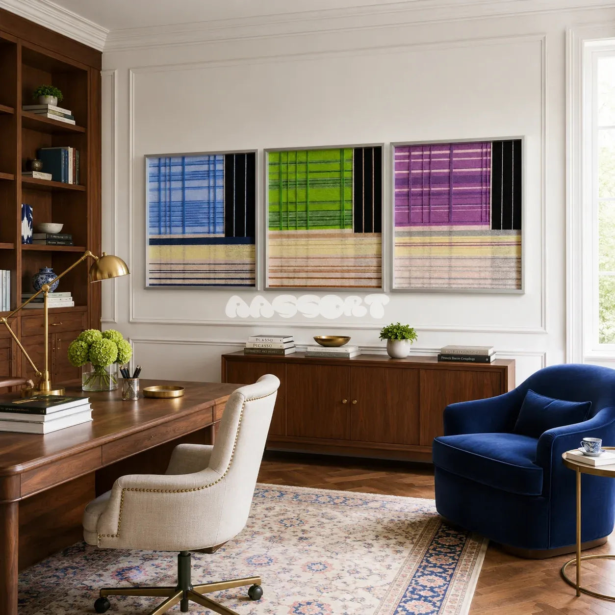 Night River Lantern tactile yarn wall decor bringing midnight blue and lantern glow tones to a quiet interior.