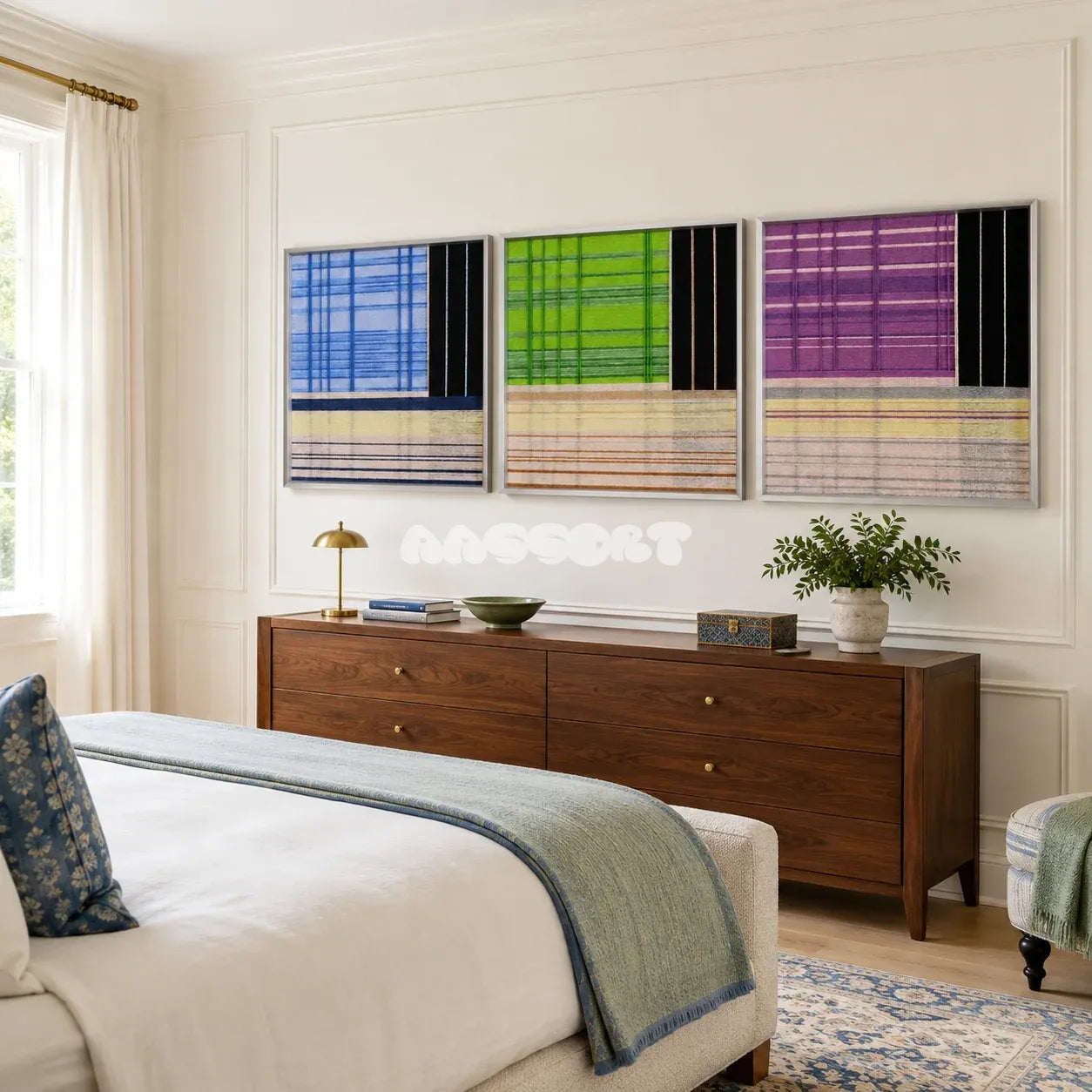 Night River Lantern nature-inspired geometric fiber art displayed in a peaceful contemporary living space.