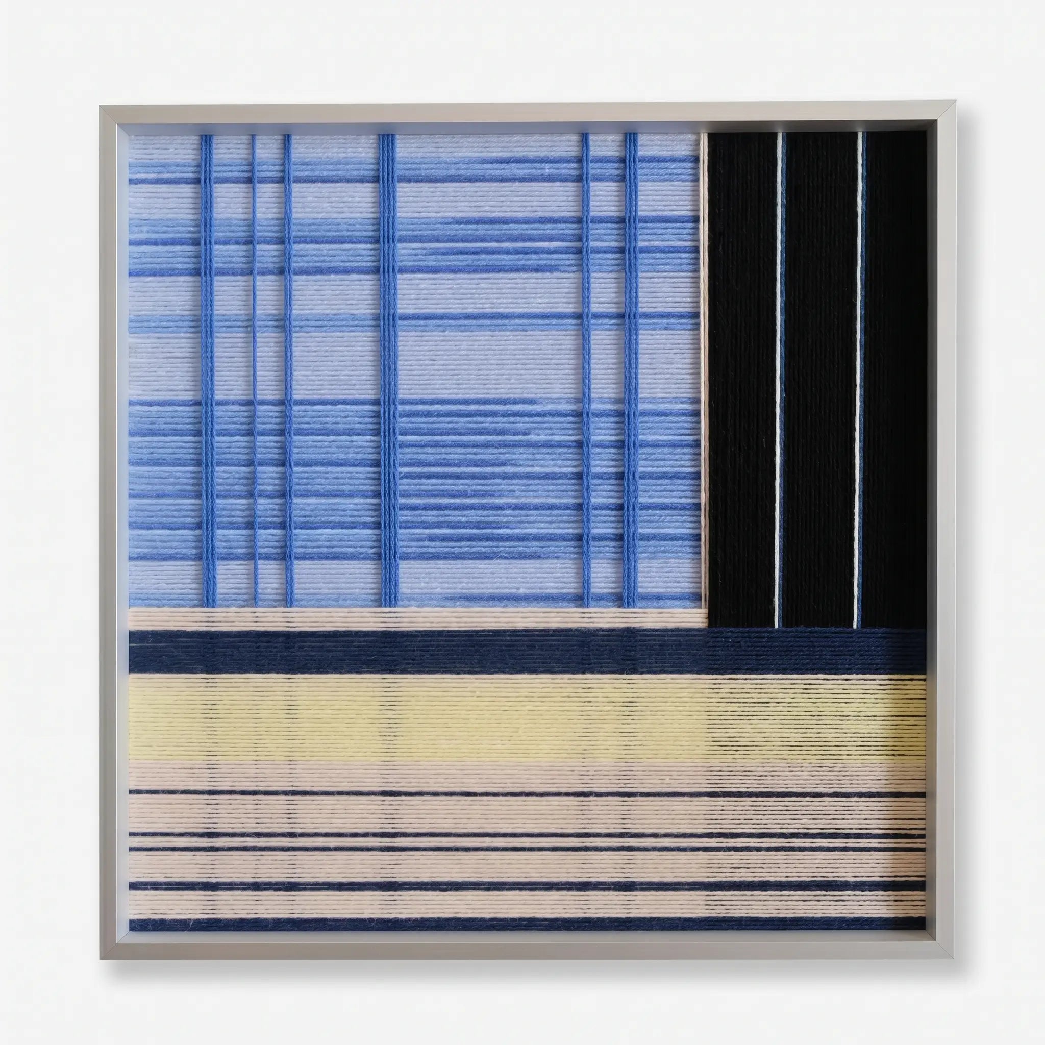 Night River Lantern framed textile artwork with layered river-blue stripes, a dark night column, and warm lantern-inspired bands.
