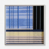 Night River Lantern framed textile artwork with layered river-blue stripes, a dark night column, and warm lantern-inspired bands.
