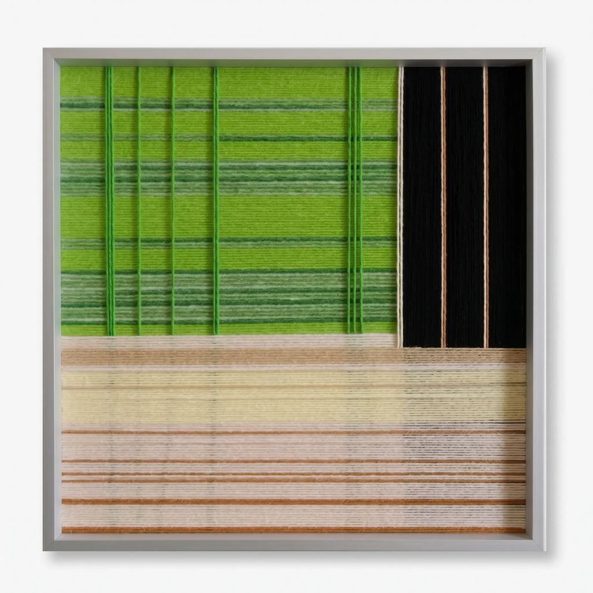 Detailed product view of Night River Lantern textured fiber wall art with precise horizontal and vertical yarn wrapping.