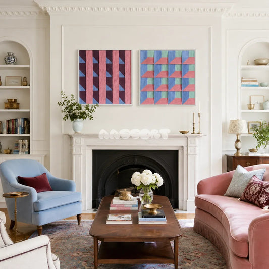 Whispering Bricks dusty pink, purple, and blue textile wall art displayed in a sophisticated modern interior.