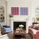 Whispering Bricks dusty pink, purple, and blue textile wall art displayed in a sophisticated modern interior.