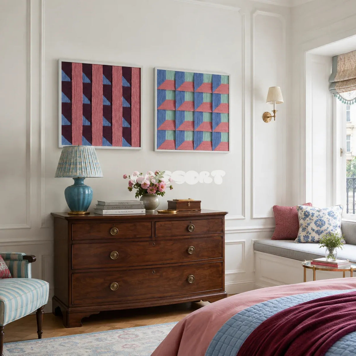 Whispering Bricks tactile yarn wall decor bringing geometric rhythm and calming jewel tones to a modern interior.
