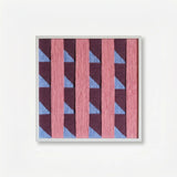 Product view of Whispering Bricks textured fiber wall art made with soft cotton cord with dusty pink vertical bands and purple-blue geometry.