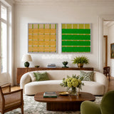 Spring Breeze pale yellow and lime green textile wall art displayed in a bright airy modern interior.