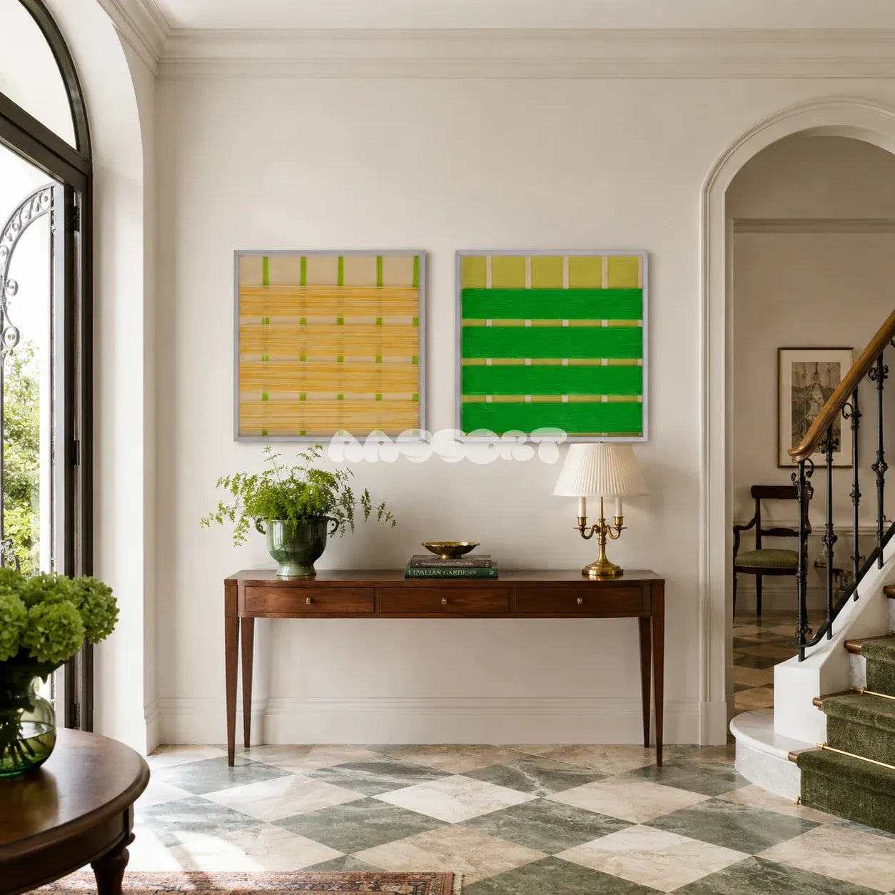 Framed Spring Breeze geometric wall art with sunny yellow bands and lime green vertical lines in a refined room.