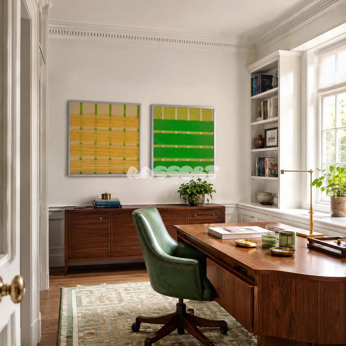 Spring Breeze layered stripe fiber art displayed in a light contemporary living space.