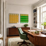 Spring Breeze layered stripe fiber art displayed in a light contemporary living space.
