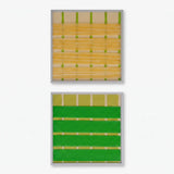 Front product view of Spring Breeze textured fiber wall art made with soft cotton cord with pale yellow, sunny yellow, and lime green stripes.