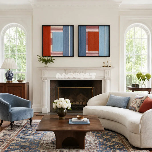 Cold Fire aqua blue and terracotta textile wall art diptych displayed in a serene modern interior.