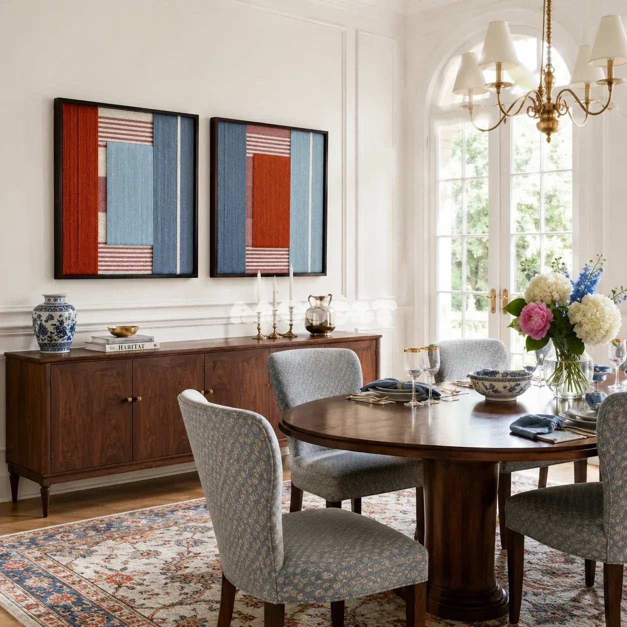 Cold Fire geometric fiber art set styled as an energetic architectural focal point in a contemporary home.