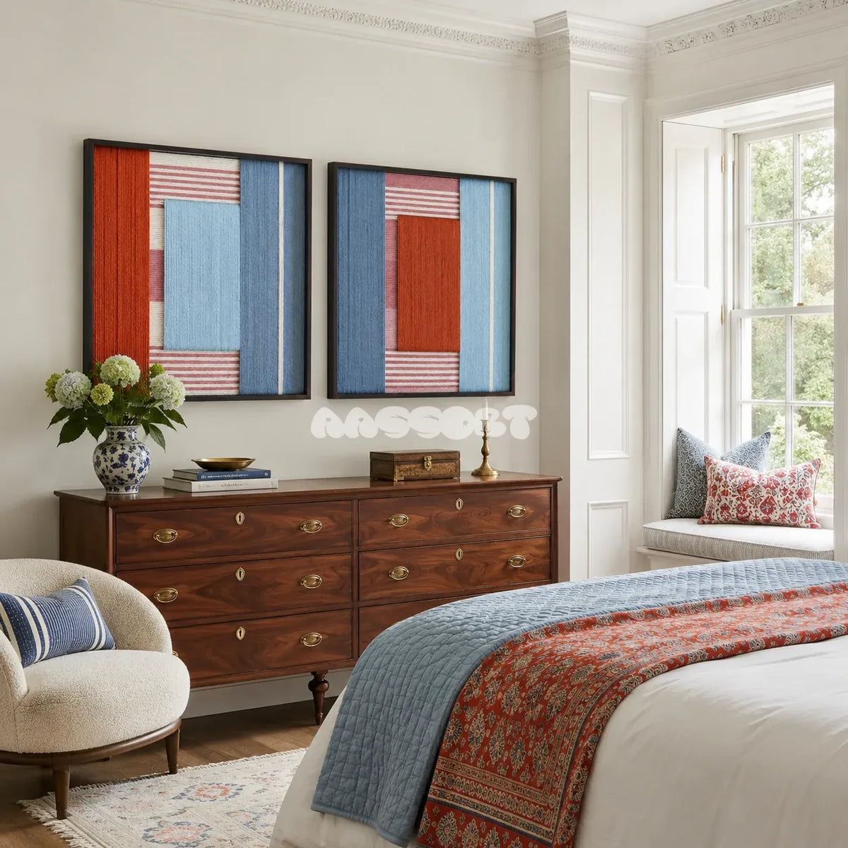 Cold Fire tactile yarn wall decor balancing cool blue tones with radiant terracotta in a minimalist interior.