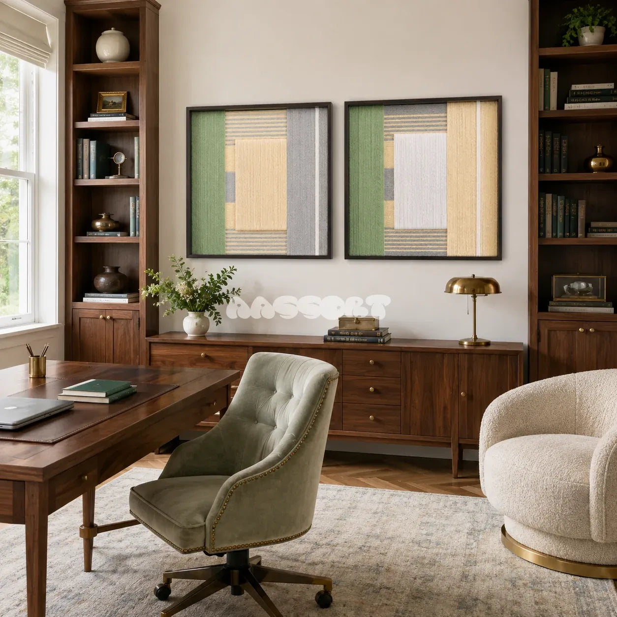 Sun-Baked geometric fiber art set styled as a warm architectural focal point in a contemporary home.