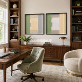 Sun-Baked geometric fiber art set styled as a warm architectural focal point in a contemporary home.