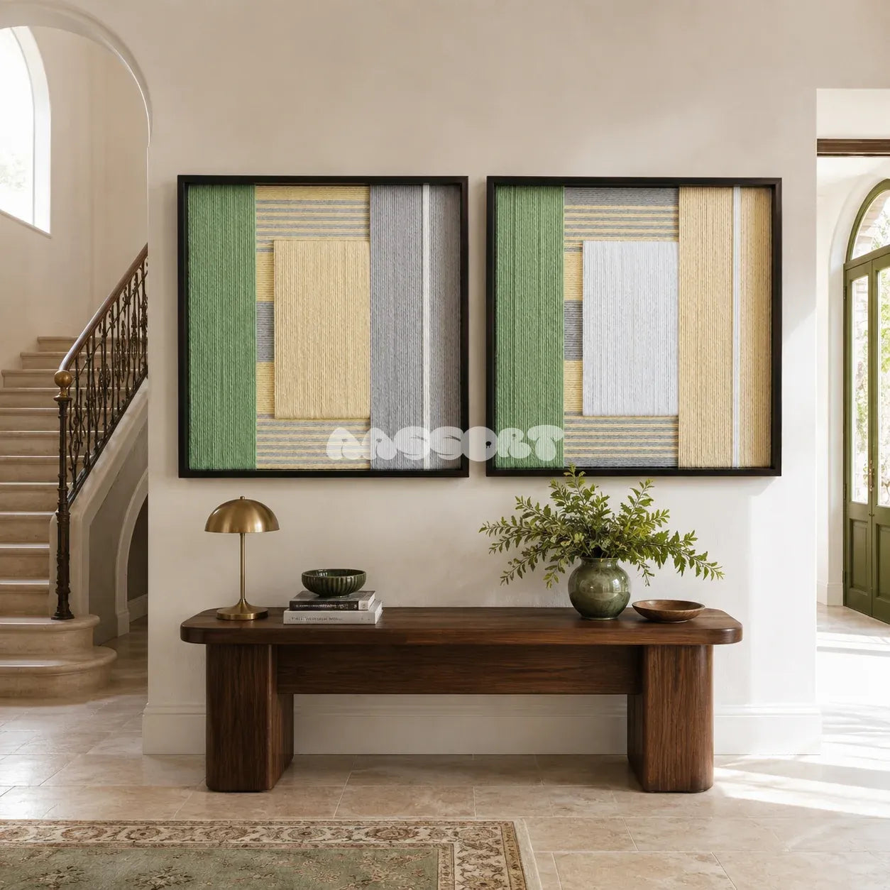 Sun-Baked tactile yarn wall decor bringing soft garden-inspired warmth to a minimalist interior.